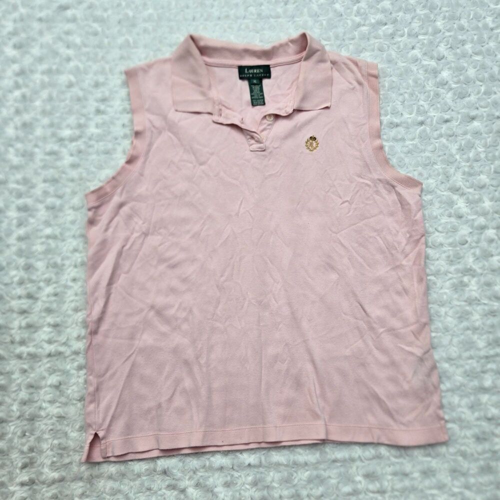 Lauren Ralph Sleeveless Polo Shirt Womens XL Pink Embroidered Split Side Hem